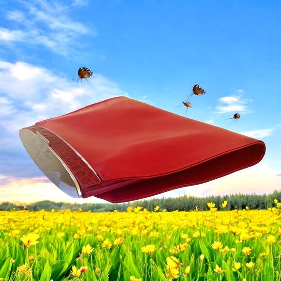 Perry Ellis Red Leather Vintage Clutch Handbag Chrome Croc Print Italy - Picture 5 of 15